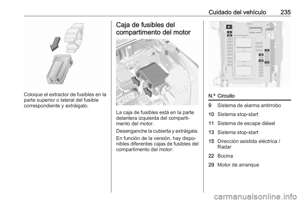 OPEL GRANDLAND X 2018.5 Manual de Instrucciones (in Spanish) Cuidado del vehículo235
Coloque el extractor de fusibles en la
parte superior o lateral del fusible
correspondiente y extráigalo.
Caja de fusibles del
compartimento del motor
La caja de fusibles est OPEL GRANDLAND X 2018.5 Manual de Instrucciones (in Spanish) Cuidado del vehículo235
Coloque el extractor de fusibles en la
parte superior o lateral del fusible
correspondiente y extráigalo.
Caja de fusibles del
compartimento del motor
La caja de fusibles est