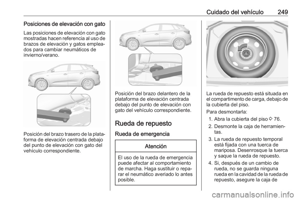 OPEL GRANDLAND X 2018.5  Manual de Instrucciones (in Spanish) Cuidado del vehículo249Posiciones de elevación con gatoLas posiciones de elevación con gatomostradas hacen referencia al uso de
brazos de elevación y gatos emplea‐
dos para cambiar neumáticos d
