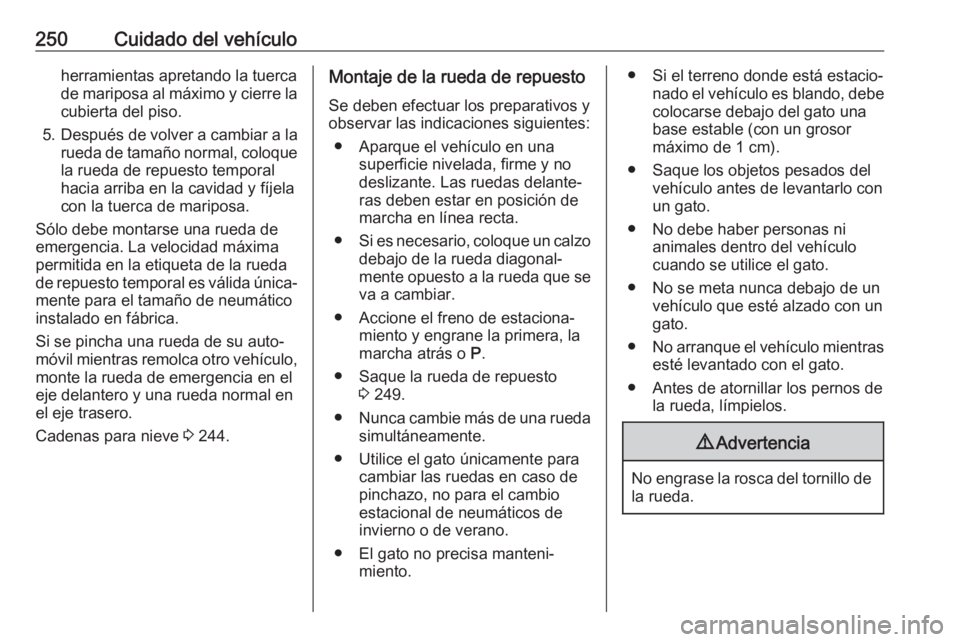 OPEL GRANDLAND X 2018.5  Manual de Instrucciones (in Spanish) 250Cuidado del vehículoherramientas apretando la tuerca
de mariposa al máximo y cierre la
cubierta del piso.
5. Después de volver a cambiar a la
rueda de tamaño normal, coloquela rueda de repuesto