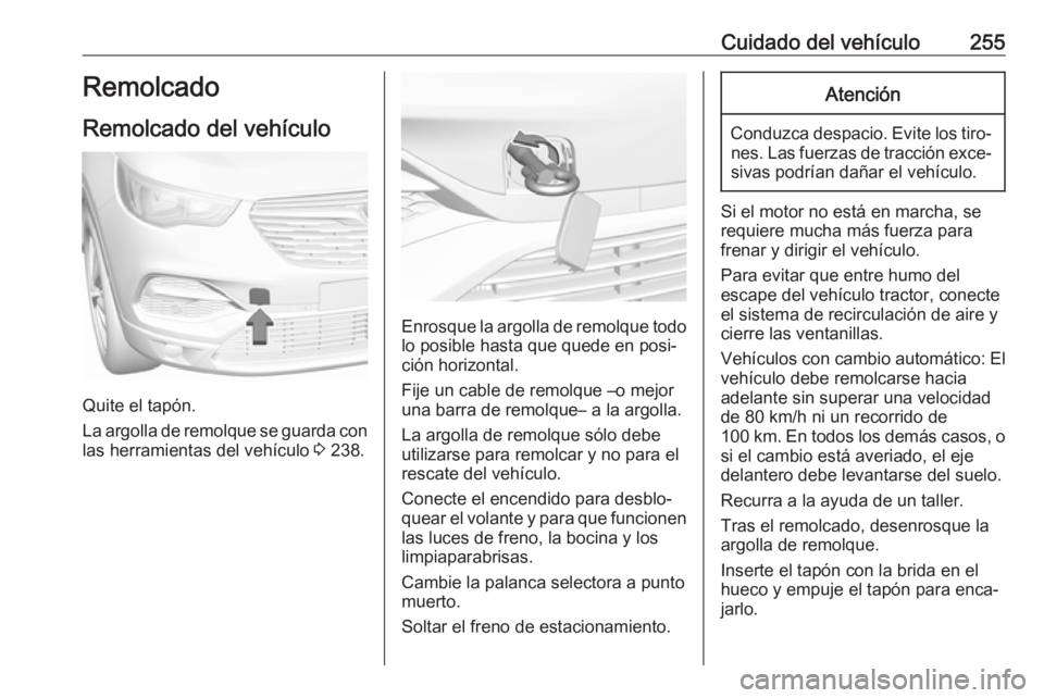 OPEL GRANDLAND X 2018.5  Manual de Instrucciones (in Spanish) Cuidado del vehículo255Remolcado
Remolcado del vehículo
Quite el tapón.
La argolla de remolque se guarda con las herramientas del vehículo  3 238.
Enrosque la argolla de remolque todo
lo posible h