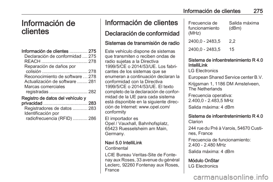 OPEL GRANDLAND X 2018.5  Manual de Instrucciones (in Spanish) Información de clientes275Información de
clientesInformación de clientes ..............275
Declaración de conformidad ....275
REACH .................................... 278
Reparación de daños p