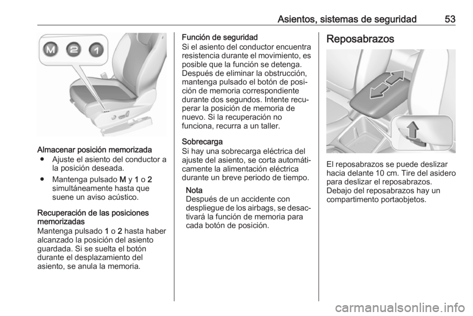 OPEL GRANDLAND X 2018.5  Manual de Instrucciones (in Spanish) Asientos, sistemas de seguridad53
Almacenar posición memorizada● Ajuste el asiento del conductor a la posición deseada.
● Mantenga pulsado  M y  1 o  2
simultáneamente hasta que
suene un aviso 