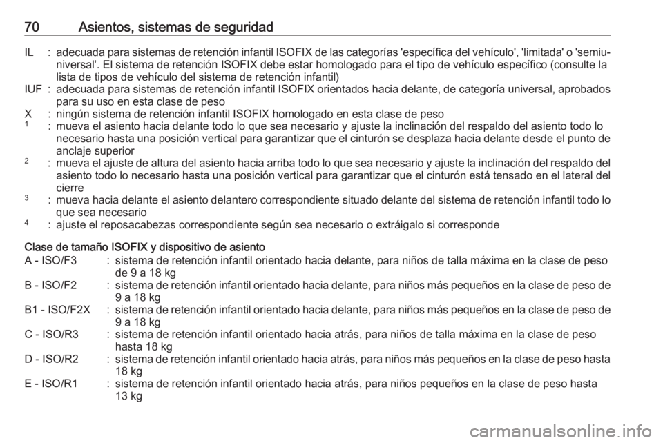 OPEL GRANDLAND X 2018.5  Manual de Instrucciones (in Spanish) 70Asientos, sistemas de seguridadIL:adecuada para sistemas de retención infantil ISOFIX de las categorías 'específica del vehículo', 'limitada' o 'semiu‐
niversal'. El si