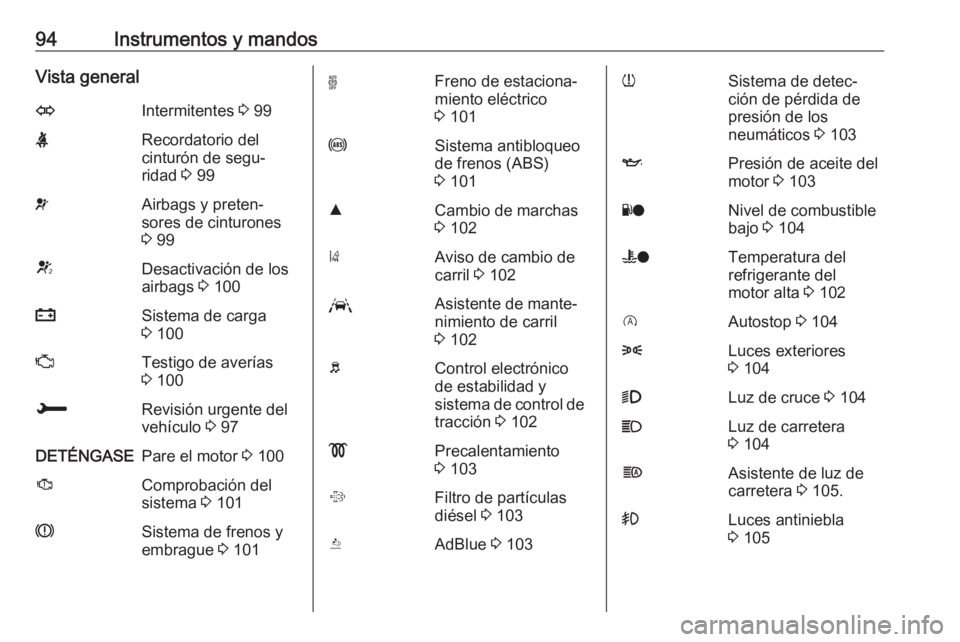 OPEL GRANDLAND X 2018.5  Manual de Instrucciones (in Spanish) 94Instrumentos y mandosVista generalOIntermitentes 3 99XRecordatorio del
cinturón de segu‐
ridad  3 99vAirbags y preten‐
sores de cinturones
3  99VDesactivación de los
airbags  3 100pSistema de 