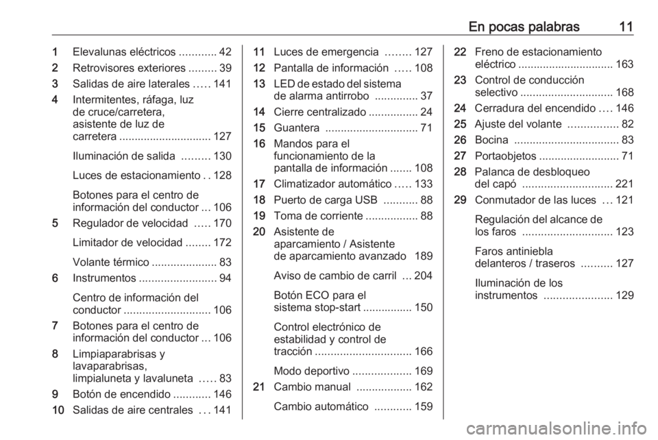 OPEL GRANDLAND X 2018.75  Manual de Instrucciones (in Spanish) En pocas palabras111Elevalunas eléctricos ............42
2 Retrovisores exteriores .........39
3 Salidas de aire laterales .....141
4 Intermitentes, ráfaga, luz
de cruce/carretera,
asistente de luz 