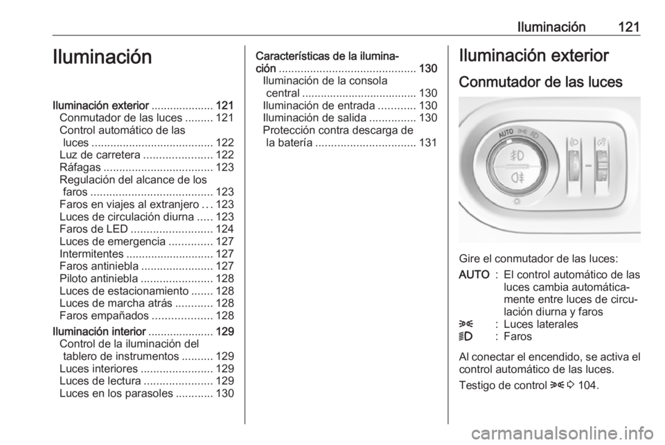 OPEL GRANDLAND X 2018.75 Manual de Instrucciones (in Spanish) Iluminación121IluminaciónIluminación exterior....................121
Conmutador de las luces .........121
Control automático de las luces ....................................... 122
Luz de carrete OPEL GRANDLAND X 2018.75 Manual de Instrucciones (in Spanish) Iluminación121IluminaciónIluminación exterior....................121
Conmutador de las luces .........121
Control automático de las luces ....................................... 122
Luz de carrete