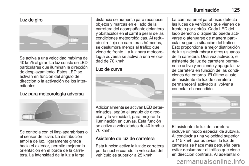 OPEL GRANDLAND X 2018.75 Manual de Instrucciones (in Spanish) Iluminación125Luz de giro
Se activa a una velocidad máxima de
40 km/h al girar. La luz consta de LED
particulares que iluminan la dirección
de desplazamiento. Estos LED se
activan en función del OPEL GRANDLAND X 2018.75 Manual de Instrucciones (in Spanish) Iluminación125Luz de giro
Se activa a una velocidad máxima de
40 km/h al girar. La luz consta de LED
particulares que iluminan la dirección
de desplazamiento. Estos LED se
activan en función del