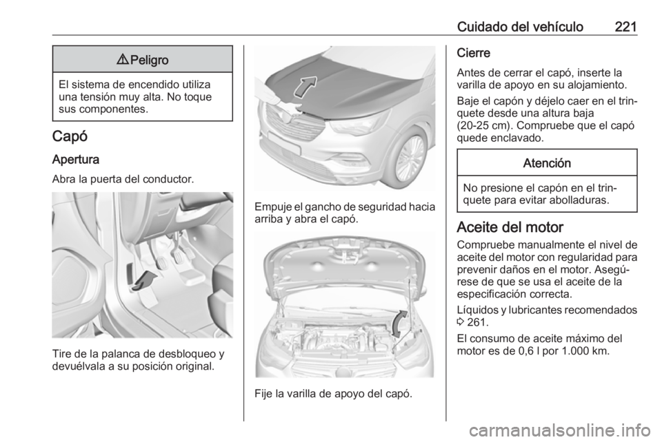 OPEL GRANDLAND X 2018.75 Manual de Instrucciones (in Spanish) Cuidado del vehículo2219Peligro
El sistema de encendido utiliza
una tensión muy alta. No toque
sus componentes.
Capó
Apertura
Abra la puerta del conductor.
Tire de la palanca de desbloqueo y
devué OPEL GRANDLAND X 2018.75 Manual de Instrucciones (in Spanish) Cuidado del vehículo2219Peligro
El sistema de encendido utiliza
una tensión muy alta. No toque
sus componentes.
Capó
Apertura
Abra la puerta del conductor.
Tire de la palanca de desbloqueo y
devué