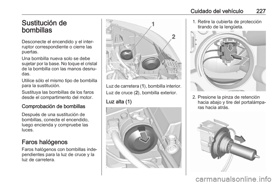 OPEL GRANDLAND X 2018.75 Manual de Instrucciones (in Spanish) Cuidado del vehículo227Sustitución de
bombillas
Desconecte el encendido y el inter‐
ruptor correspondiente o cierre las
puertas.
Una bombilla nueva solo se debe
sujetar por la base. No toque el cr OPEL GRANDLAND X 2018.75 Manual de Instrucciones (in Spanish) Cuidado del vehículo227Sustitución de
bombillas
Desconecte el encendido y el inter‐
ruptor correspondiente o cierre las
puertas.
Una bombilla nueva solo se debe
sujetar por la base. No toque el cr