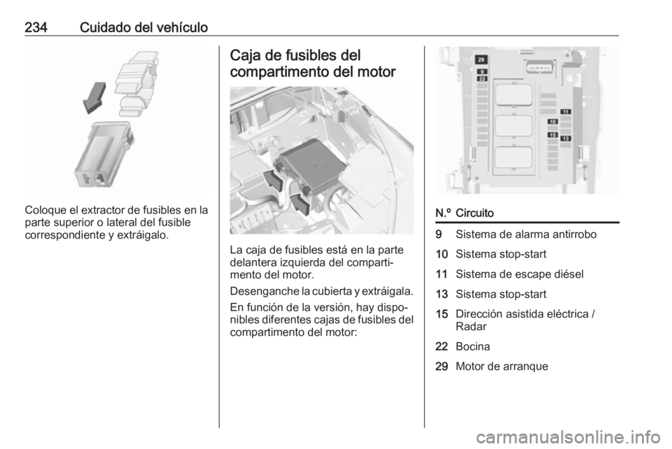 OPEL GRANDLAND X 2018.75 Manual de Instrucciones (in Spanish) 234Cuidado del vehículo
Coloque el extractor de fusibles en la
parte superior o lateral del fusible
correspondiente y extráigalo.
Caja de fusibles del
compartimento del motor
La caja de fusibles est OPEL GRANDLAND X 2018.75 Manual de Instrucciones (in Spanish) 234Cuidado del vehículo
Coloque el extractor de fusibles en la
parte superior o lateral del fusible
correspondiente y extráigalo.
Caja de fusibles del
compartimento del motor
La caja de fusibles est
