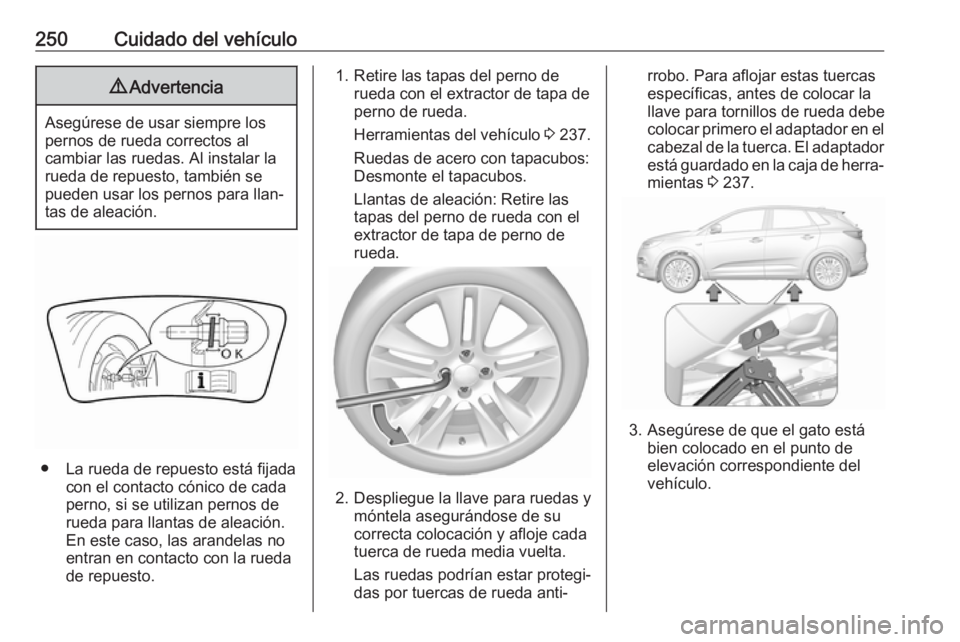 OPEL GRANDLAND X 2018.75 Manual de Instrucciones (in Spanish) 250Cuidado del vehículo9Advertencia
Asegúrese de usar siempre los
pernos de rueda correctos al
cambiar las ruedas. Al instalar la
rueda de repuesto, también se
pueden usar los pernos para llan‐
t OPEL GRANDLAND X 2018.75 Manual de Instrucciones (in Spanish) 250Cuidado del vehículo9Advertencia
Asegúrese de usar siempre los
pernos de rueda correctos al
cambiar las ruedas. Al instalar la
rueda de repuesto, también se
pueden usar los pernos para llan‐
t