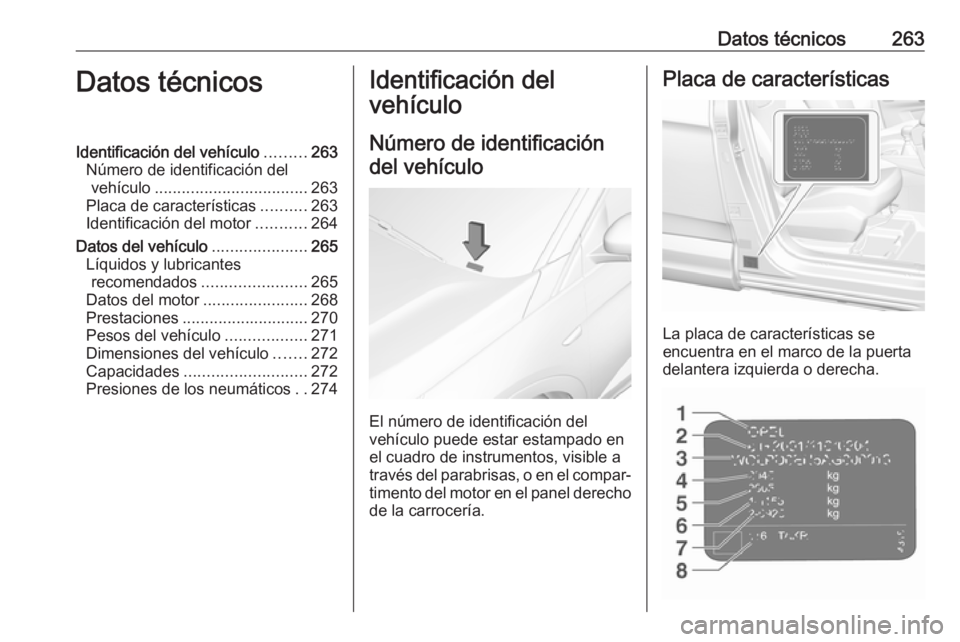 OPEL GRANDLAND X 2018.75  Manual de Instrucciones (in Spanish) Datos técnicos263Datos técnicosIdentificación del vehículo.........263
Número de identificación del vehículo .................................. 263
Placa de características ..........263
Ident