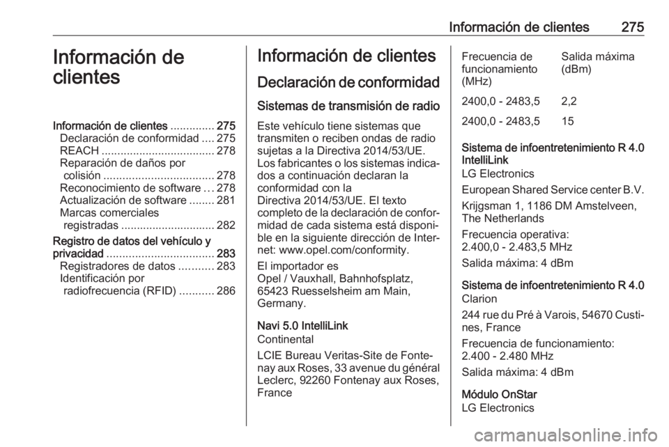OPEL GRANDLAND X 2018.75  Manual de Instrucciones (in Spanish) Información de clientes275Información de
clientesInformación de clientes ..............275
Declaración de conformidad ....275
REACH .................................... 278
Reparación de daños p