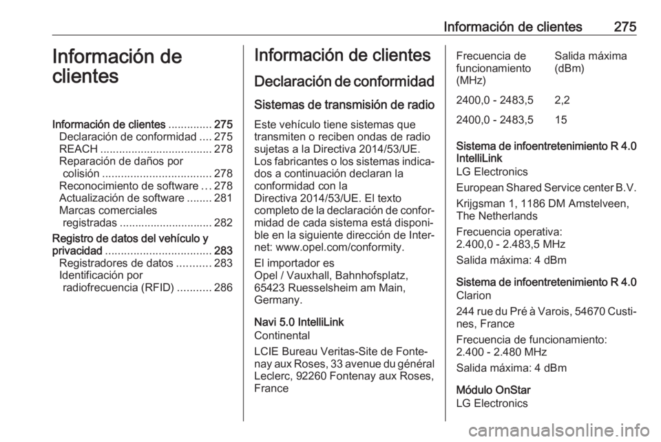 OPEL GRANDLAND X 2018.75 Manual de Instrucciones (in Spanish) Información de clientes275Información de
clientesInformación de clientes ..............275
Declaración de conformidad ....275
REACH .................................... 278
Reparación de daños p OPEL GRANDLAND X 2018.75 Manual de Instrucciones (in Spanish) Información de clientes275Información de
clientesInformación de clientes ..............275
Declaración de conformidad ....275
REACH .................................... 278
Reparación de daños p