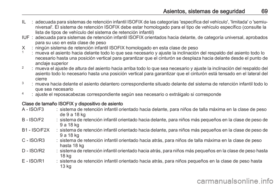 OPEL GRANDLAND X 2018.75  Manual de Instrucciones (in Spanish) Asientos, sistemas de seguridad69IL:adecuada para sistemas de retención infantil ISOFIX de las categorías 'específica del vehículo', 'limitada' o 'semiu‐
niversal'. El si