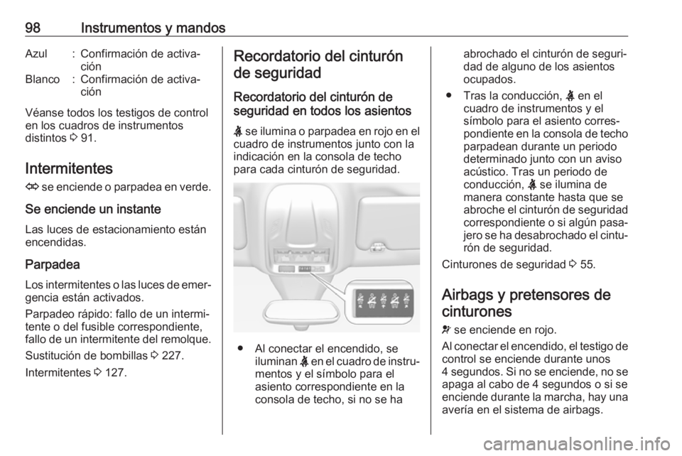 OPEL GRANDLAND X 2018.75  Manual de Instrucciones (in Spanish) 98Instrumentos y mandosAzul:Confirmación de activa‐
ciónBlanco:Confirmación de activa‐
ción
Véanse todos los testigos de control en los cuadros de instrumentos
distintos  3 91.
Intermitentes 