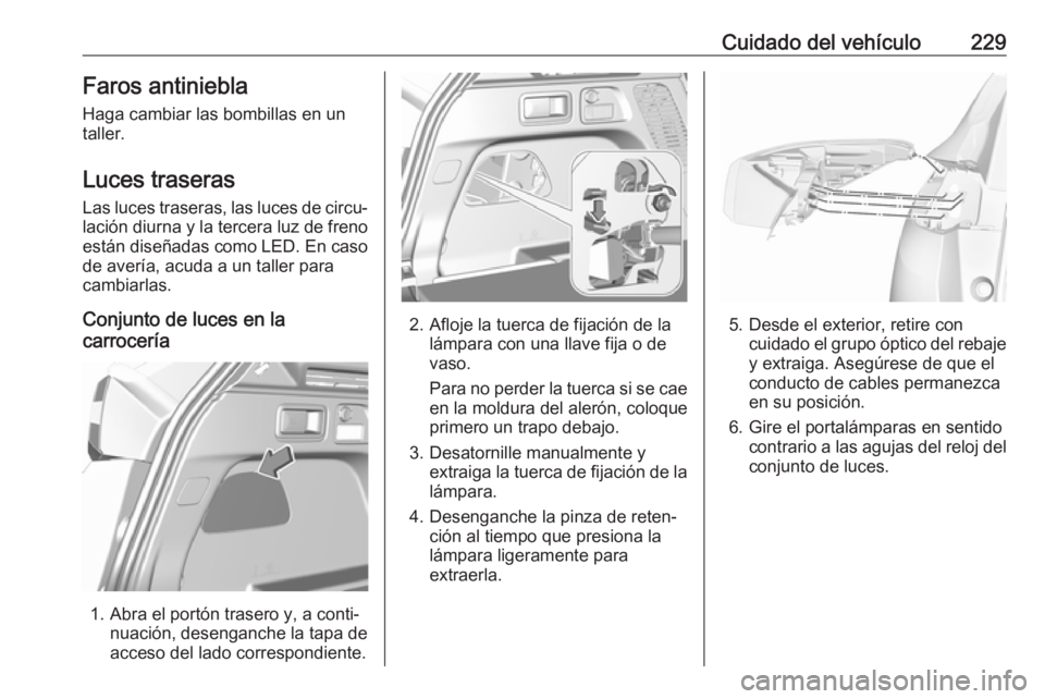 OPEL GRANDLAND X 2019 Manual de Instrucciones (in Spanish) Cuidado del vehículo229Faros antinieblaHaga cambiar las bombillas en un
taller.
Luces traseras
Las luces traseras, las luces de circu‐
lación diurna y la tercera luz de freno
están diseñadas com OPEL GRANDLAND X 2019 Manual de Instrucciones (in Spanish) Cuidado del vehículo229Faros antinieblaHaga cambiar las bombillas en un
taller.
Luces traseras
Las luces traseras, las luces de circu‐
lación diurna y la tercera luz de freno
están diseñadas com