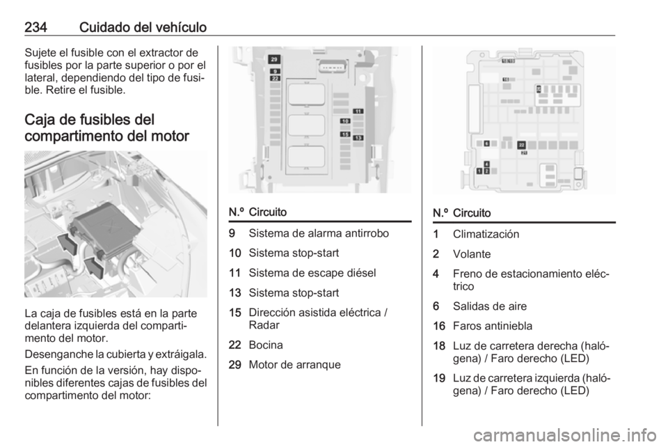 OPEL GRANDLAND X 2019  Manual de Instrucciones (in Spanish) 234Cuidado del vehículoSujete el fusible con el extractor de
fusibles por la parte superior o por el
lateral, dependiendo del tipo de fusi‐
ble. Retire el fusible.
Caja de fusibles del
compartiment