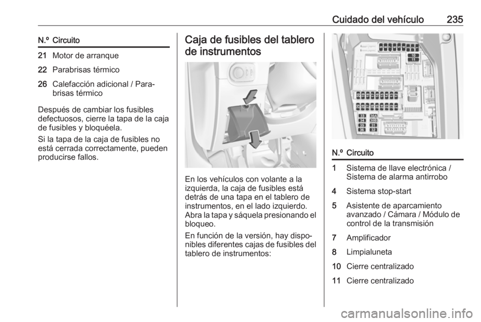 OPEL GRANDLAND X 2019  Manual de Instrucciones (in Spanish) Cuidado del vehículo235N.ºCircuito21Motor de arranque22Parabrisas térmico26Calefacción adicional / Para‐
brisas térmico
Después de cambiar los fusibles
defectuosos, cierre la tapa de la caja d