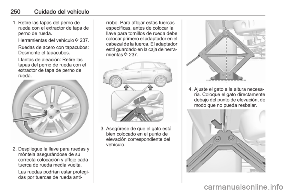 OPEL GRANDLAND X 2019  Manual de Instrucciones (in Spanish) 250Cuidado del vehículo1. Retire las tapas del perno derueda con el extractor de tapa de
perno de rueda.
Herramientas del vehículo  3 237.
Ruedas de acero con tapacubos:
Desmonte el tapacubos.
Llant