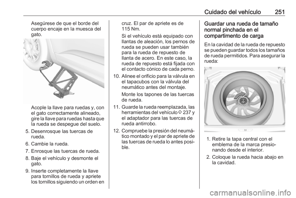 OPEL GRANDLAND X 2019 Manual de Instrucciones (in Spanish) Cuidado del vehículo251Asegúrese de que el borde del
cuerpo encaje en la muesca del
gato.
Acople la llave para ruedas y, con
el gato correctamente alineado,
gire la llave para ruedas hasta que la ru OPEL GRANDLAND X 2019 Manual de Instrucciones (in Spanish) Cuidado del vehículo251Asegúrese de que el borde del
cuerpo encaje en la muesca del
gato.
Acople la llave para ruedas y, con
el gato correctamente alineado,
gire la llave para ruedas hasta que la ru