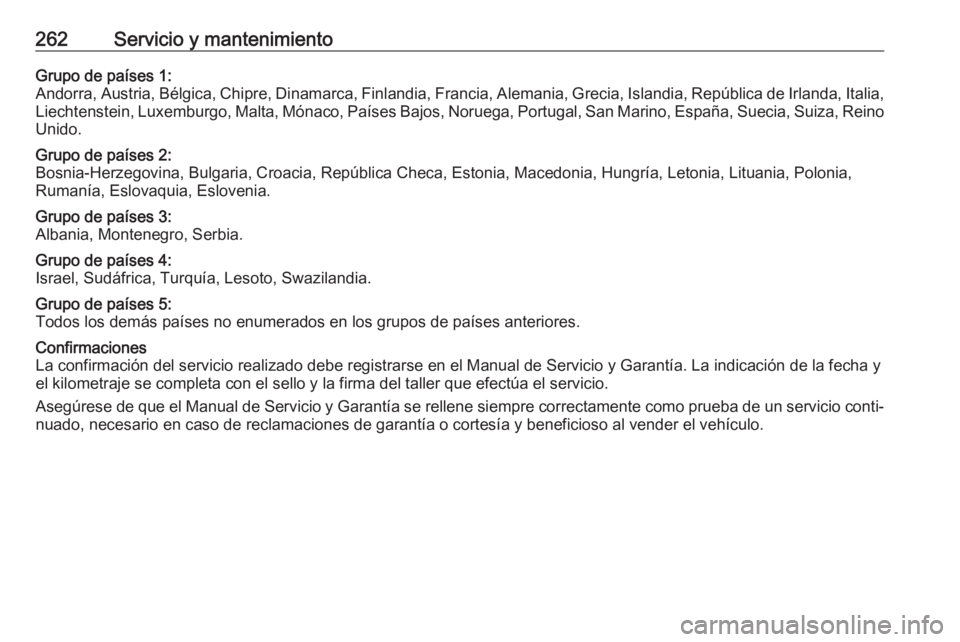 OPEL GRANDLAND X 2019 Manual de Instrucciones (in Spanish) 262Servicio y mantenimientoGrupo de países 1:
Andorra, Austria, Bélgica, Chipre, Dinamarca, Finlandia, Francia, Alemania, Grecia, Islandia, República de Irlanda, Italia, Liechtenstein, Luxemburgo, OPEL GRANDLAND X 2019 Manual de Instrucciones (in Spanish) 262Servicio y mantenimientoGrupo de países 1:
Andorra, Austria, Bélgica, Chipre, Dinamarca, Finlandia, Francia, Alemania, Grecia, Islandia, República de Irlanda, Italia, Liechtenstein, Luxemburgo,
