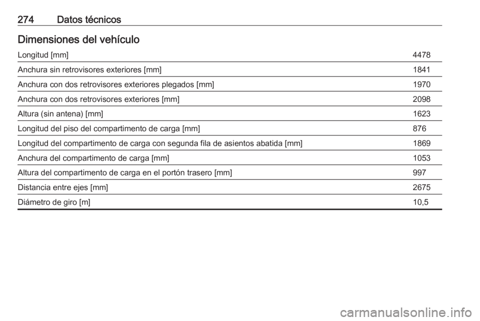 OPEL GRANDLAND X 2019  Manual de Instrucciones (in Spanish) 274Datos técnicosDimensiones del vehículoLongitud [mm]4478Anchura sin retrovisores exteriores [mm]1841Anchura con dos retrovisores exteriores plegados [mm]1970Anchura con dos retrovisores exteriores