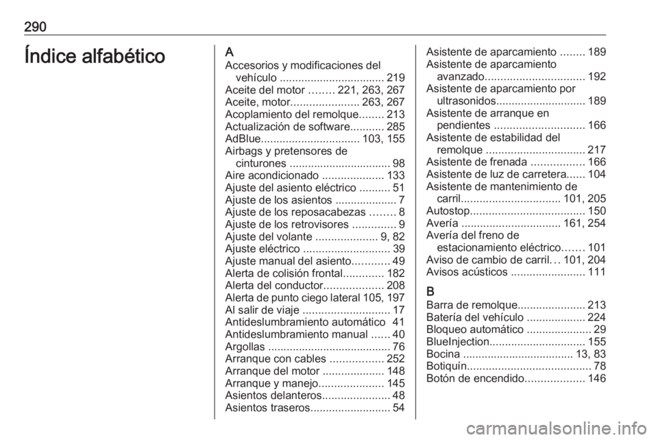 OPEL GRANDLAND X 2019  Manual de Instrucciones (in Spanish) 290Índice alfabéticoAAccesorios y modificaciones del vehículo  .................................. 219
Aceite del motor  ........221, 263, 267
Aceite, motor ...................... 263, 267
Acoplamie