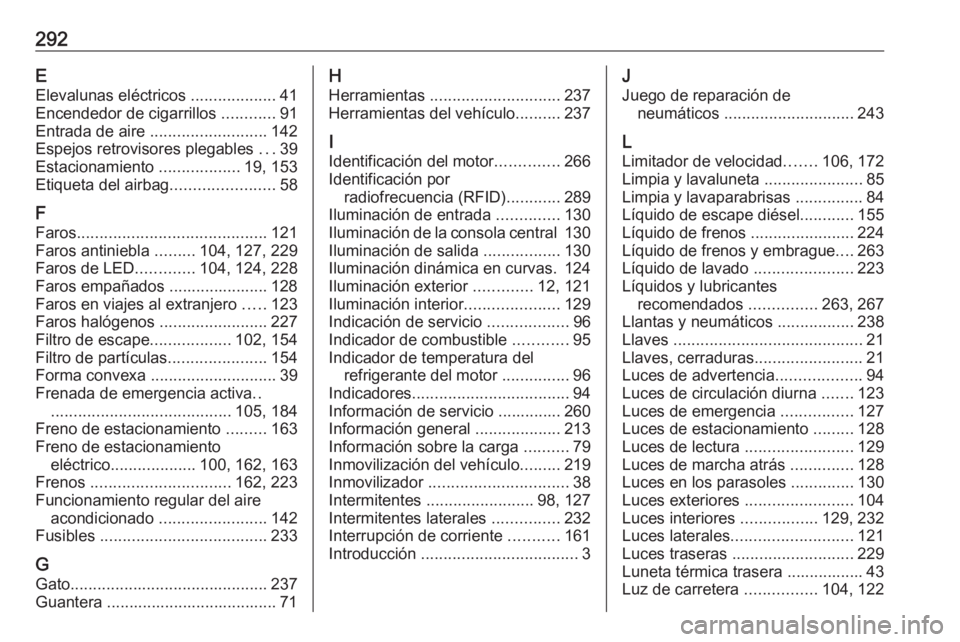 OPEL GRANDLAND X 2019  Manual de Instrucciones (in Spanish) 292EElevalunas eléctricos  ...................41
Encendedor de cigarrillos  ............91
Entrada de aire  .......................... 142
Espejos retrovisores plegables  ...39
Estacionamiento  .....