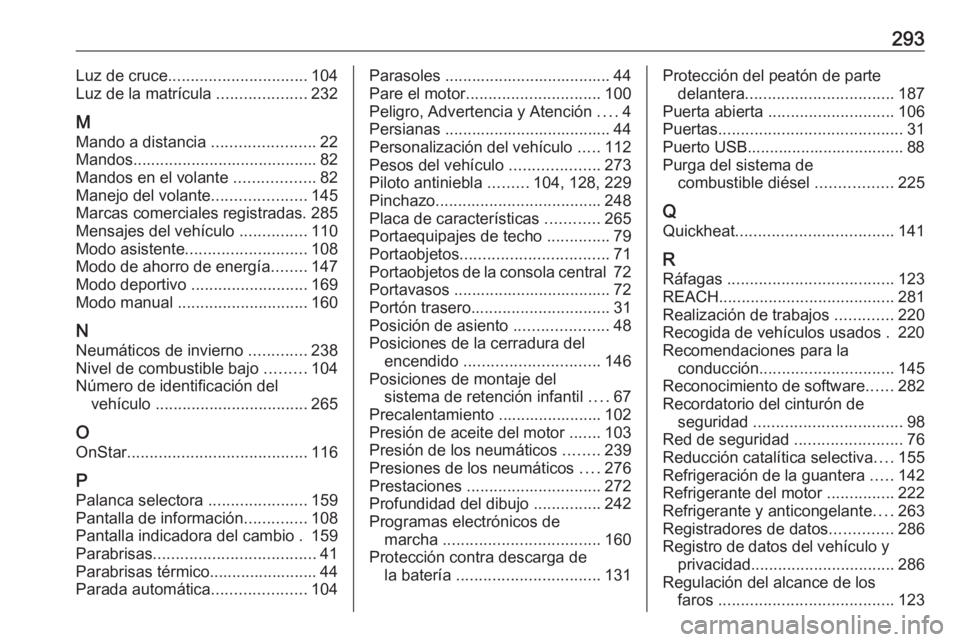 OPEL GRANDLAND X 2019 Manual de Instrucciones (in Spanish) 293Luz de cruce............................... 104
Luz de la matrícula ....................232
M Mando a distancia .......................22
Mandos ......................................... 82
Mand OPEL GRANDLAND X 2019 Manual de Instrucciones (in Spanish) 293Luz de cruce............................... 104
Luz de la matrícula ....................232
M Mando a distancia .......................22
Mandos ......................................... 82
Mand