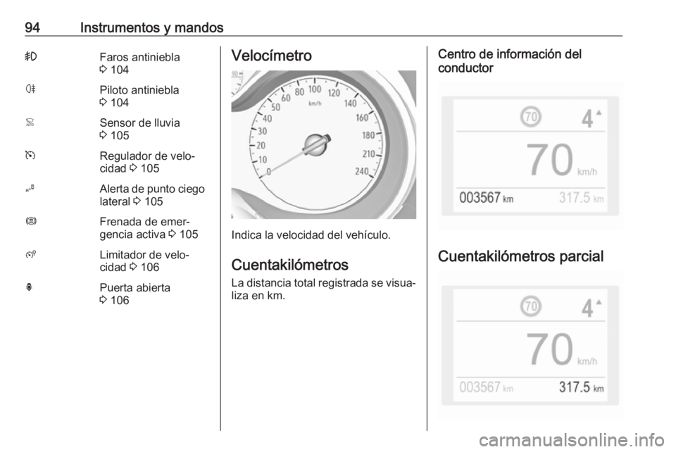 OPEL GRANDLAND X 2019 Manual de Instrucciones (in Spanish) 94Instrumentos y mandos>Faros antiniebla
3 104øPiloto antiniebla
3 104<Sensor de lluvia
3 105mRegulador de velo‐
cidad 3 105BAlerta de punto ciego
lateral 3 105ØFrenada de emer‐
gencia acti OPEL GRANDLAND X 2019 Manual de Instrucciones (in Spanish) 94Instrumentos y mandos>Faros antiniebla
3 104øPiloto antiniebla
3 104<Sensor de lluvia
3 105mRegulador de velo‐
cidad 3 105BAlerta de punto ciego
lateral 3 105ØFrenada de emer‐
gencia acti