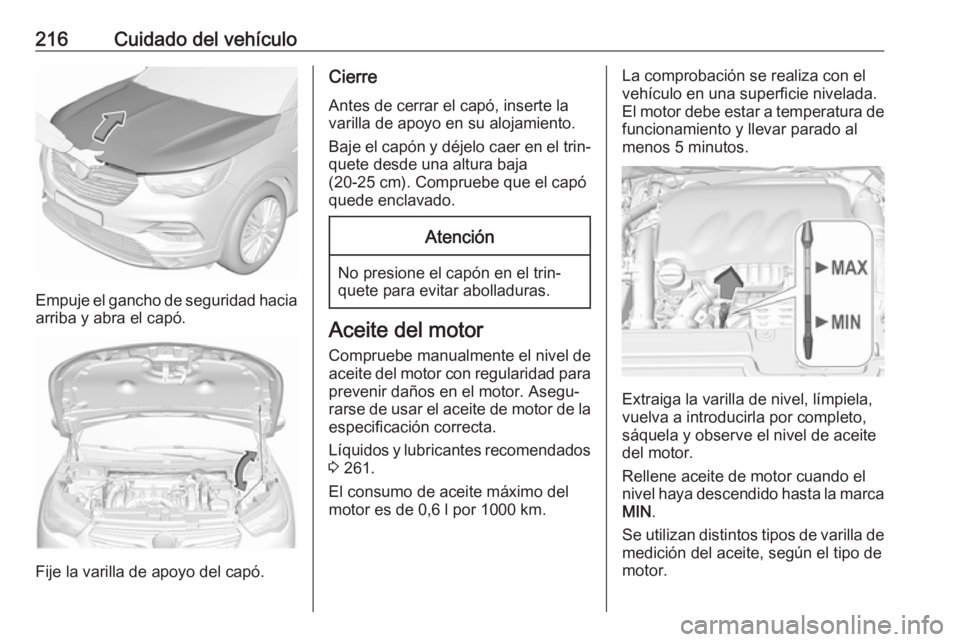 OPEL GRANDLAND X 2019.75  Manual de Instrucciones (in Spanish) 216Cuidado del vehículo
Empuje el gancho de seguridad haciaarriba y abra el capó.
Fije la varilla de apoyo del capó.
Cierre
Antes de cerrar el capó, inserte la
varilla de apoyo en su alojamiento.
