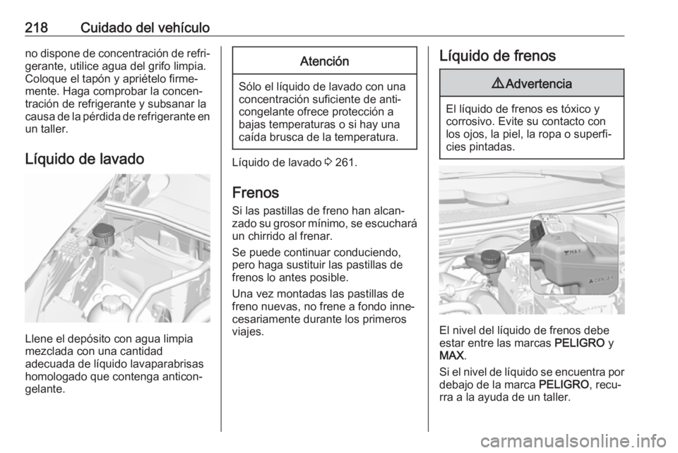 OPEL GRANDLAND X 2019.75  Manual de Instrucciones (in Spanish) 218Cuidado del vehículono dispone de concentración de refri‐
gerante, utilice agua del grifo limpia.
Coloque el tapón y apriételo firme‐
mente. Haga comprobar la concen‐
tración de refriger