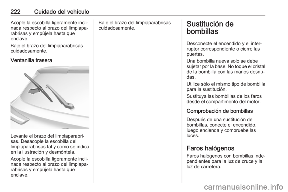 OPEL GRANDLAND X 2019.75 Manual de Instrucciones (in Spanish) 222Cuidado del vehículoAcople la escobilla ligeramente incli‐nada respecto al brazo del limpiapa‐
rabrisas y empújela hasta que
enclave.
Baje el brazo del limpiaparabrisas
cuidadosamente.
Ventan OPEL GRANDLAND X 2019.75 Manual de Instrucciones (in Spanish) 222Cuidado del vehículoAcople la escobilla ligeramente incli‐nada respecto al brazo del limpiapa‐
rabrisas y empújela hasta que
enclave.
Baje el brazo del limpiaparabrisas
cuidadosamente.
Ventan