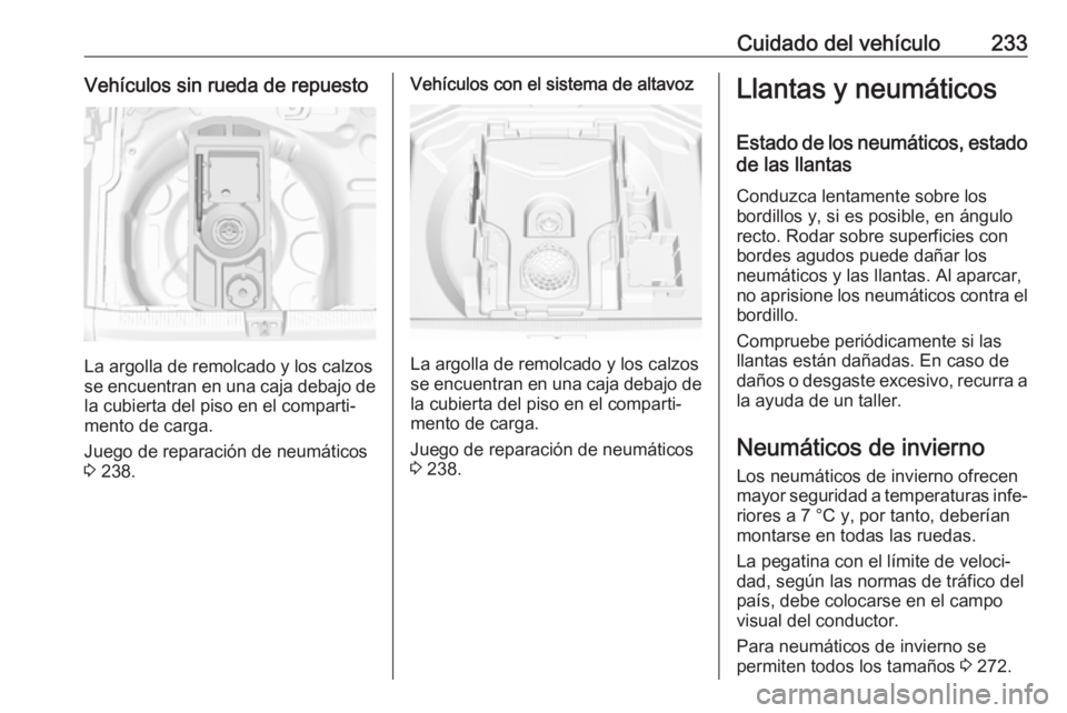 OPEL GRANDLAND X 2019.75  Manual de Instrucciones (in Spanish) Cuidado del vehículo233Vehículos sin rueda de repuesto
La argolla de remolcado y los calzos
se encuentran en una caja debajo de la cubierta del piso en el comparti‐
mento de carga.
Juego de repara