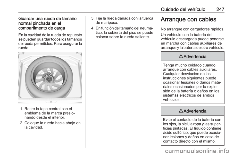 OPEL GRANDLAND X 2019.75  Manual de Instrucciones (in Spanish) Cuidado del vehículo247Guardar una rueda de tamaño
normal pinchada en el
compartimento de carga
En la cavidad de la rueda de repuesto se pueden guardar todos los tamaños
de rueda permitidos. Para a