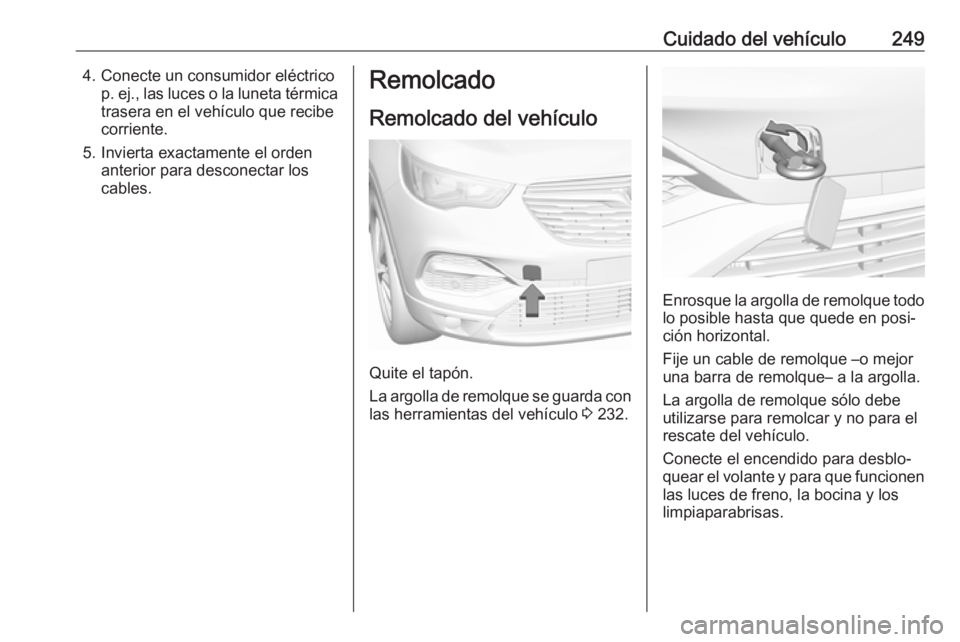 OPEL GRANDLAND X 2019.75  Manual de Instrucciones (in Spanish) Cuidado del vehículo2494. Conecte un consumidor eléctricop. ej., las luces o la luneta térmicatrasera en el vehículo que recibe
corriente.
5. Invierta exactamente el orden anterior para desconecta