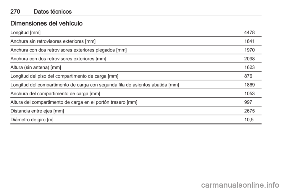 OPEL GRANDLAND X 2019.75  Manual de Instrucciones (in Spanish) 270Datos técnicosDimensiones del vehículoLongitud [mm]4478Anchura sin retrovisores exteriores [mm]1841Anchura con dos retrovisores exteriores plegados [mm]1970Anchura con dos retrovisores exteriores