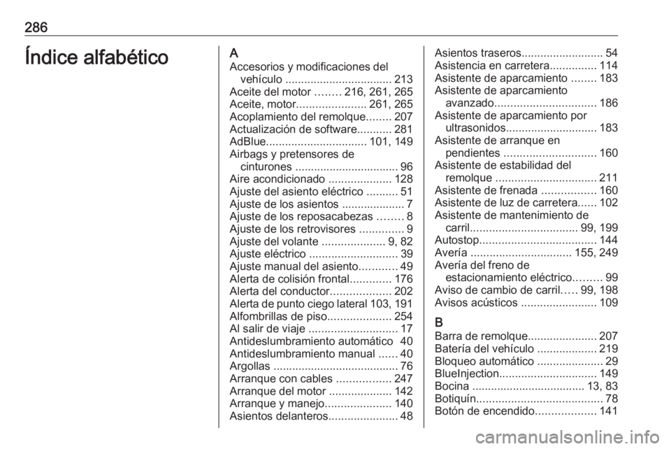 OPEL GRANDLAND X 2019.75  Manual de Instrucciones (in Spanish) 286Índice alfabéticoAAccesorios y modificaciones del vehículo  .................................. 213
Aceite del motor  ........216, 261, 265
Aceite, motor ...................... 261, 265
Acoplamie