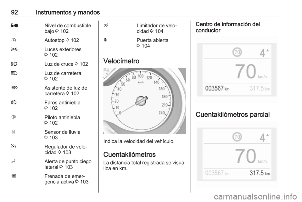 OPEL GRANDLAND X 2019.75 Manual de Instrucciones (in Spanish) 92Instrumentos y mandosYoNivel de combustible
bajo 3 102DAutostop 3 1028Luces exteriores
3 1029Luz de cruce 3 102CLuz de carretera
3 102fAsistente de luz de
carretera 3 102>Faros antiniebla
3 1 OPEL GRANDLAND X 2019.75 Manual de Instrucciones (in Spanish) 92Instrumentos y mandosYoNivel de combustible
bajo 3 102DAutostop 3 1028Luces exteriores
3 1029Luz de cruce 3 102CLuz de carretera
3 102fAsistente de luz de
carretera 3 102>Faros antiniebla
3 1