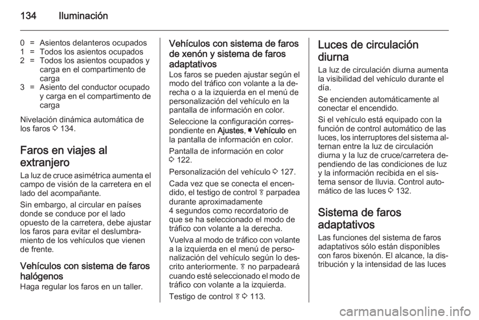 OPEL INSIGNIA 2014 Manual de Instrucciones (in Spanish) 134Iluminación
0=Asientos delanteros ocupados1=Todos los asientos ocupados2=Todos los asientos ocupados y
carga en el compartimento de
carga3=Asiento del conductor ocupado
y carga en el compartimento OPEL INSIGNIA 2014 Manual de Instrucciones (in Spanish) 134Iluminación
0=Asientos delanteros ocupados1=Todos los asientos ocupados2=Todos los asientos ocupados y
carga en el compartimento de
carga3=Asiento del conductor ocupado
y carga en el compartimento