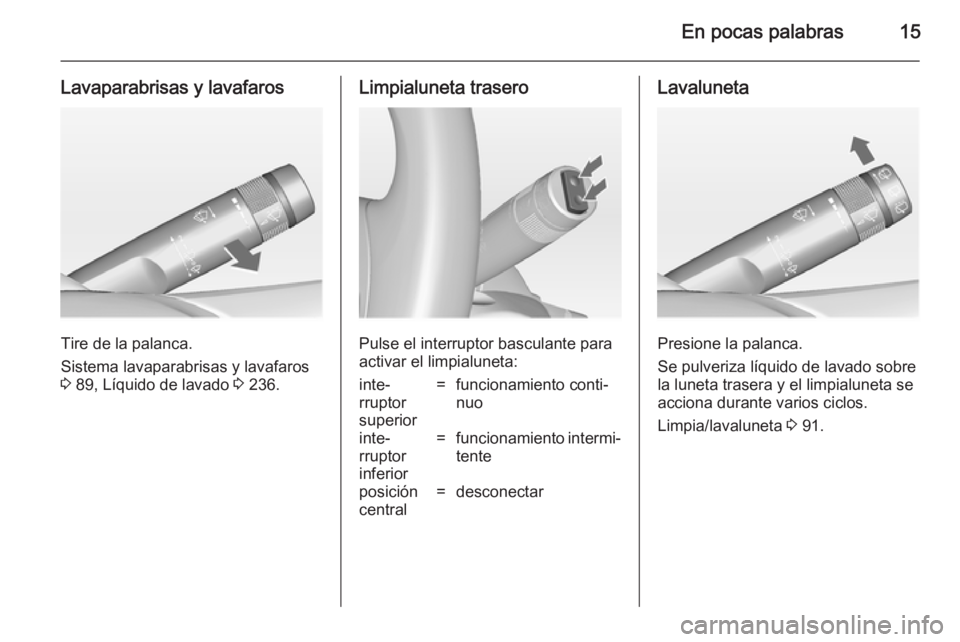 OPEL INSIGNIA 2014  Manual de Instrucciones (in Spanish) En pocas palabras15
Lavaparabrisas y lavafaros
Tire de la palanca.
Sistema lavaparabrisas y lavafaros
3  89, Líquido de lavado  3 236.
Limpialuneta trasero
Pulse el interruptor basculante para
activa