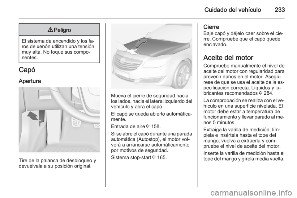 OPEL INSIGNIA 2014 Manual de Instrucciones (in Spanish) Cuidado del vehículo2339Peligro
El sistema de encendido y los fa‐
ros de xenón utilizan una tensión
muy alta. No toque sus compo‐
nentes.
Capó
Apertura
Tire de la palanca de desbloqueo y
devu OPEL INSIGNIA 2014 Manual de Instrucciones (in Spanish) Cuidado del vehículo2339Peligro
El sistema de encendido y los fa‐
ros de xenón utilizan una tensión
muy alta. No toque sus compo‐
nentes.
Capó
Apertura
Tire de la palanca de desbloqueo y
devu