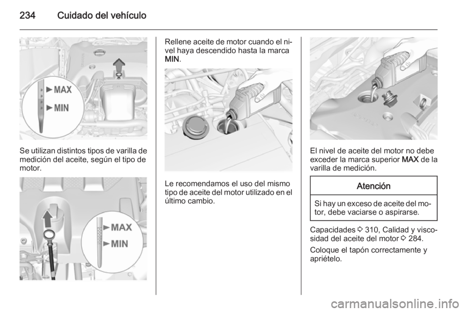 OPEL INSIGNIA 2014 Manual de Instrucciones (in Spanish) 234Cuidado del vehículo
Se utilizan distintos tipos de varilla de
medición del aceite, según el tipo de
motor.
Rellene aceite de motor cuando el ni‐ vel haya descendido hasta la marca
MIN .
Le re OPEL INSIGNIA 2014 Manual de Instrucciones (in Spanish) 234Cuidado del vehículo
Se utilizan distintos tipos de varilla de
medición del aceite, según el tipo de
motor.
Rellene aceite de motor cuando el ni‐ vel haya descendido hasta la marca
MIN .
Le re