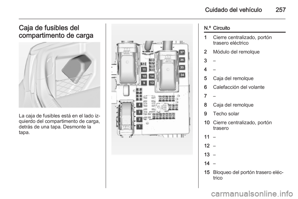 OPEL INSIGNIA 2014 Manual de Instrucciones (in Spanish) Cuidado del vehículo257Caja de fusibles del
compartimento de carga
La caja de fusibles está en el lado iz‐
quierdo del compartimento de carga,
detrás de una tapa. Desmonte la
tapa.
N.ºCircuito1C OPEL INSIGNIA 2014 Manual de Instrucciones (in Spanish) Cuidado del vehículo257Caja de fusibles del
compartimento de carga
La caja de fusibles está en el lado iz‐
quierdo del compartimento de carga,
detrás de una tapa. Desmonte la
tapa.
N.ºCircuito1C