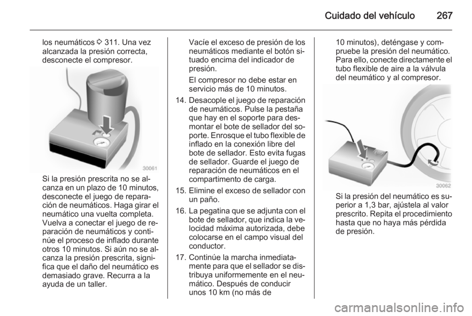 OPEL INSIGNIA 2014 Manual de Instrucciones (in Spanish) Cuidado del vehículo267
los neumáticos 3 311. Una vez
alcanzada la presión correcta,
desconecte el compresor.
Si la presión prescrita no se al‐
canza en un plazo de 10 minutos,
desconecte el ju OPEL INSIGNIA 2014 Manual de Instrucciones (in Spanish) Cuidado del vehículo267
los neumáticos 3 311. Una vez
alcanzada la presión correcta,
desconecte el compresor.
Si la presión prescrita no se al‐
canza en un plazo de 10 minutos,
desconecte el ju