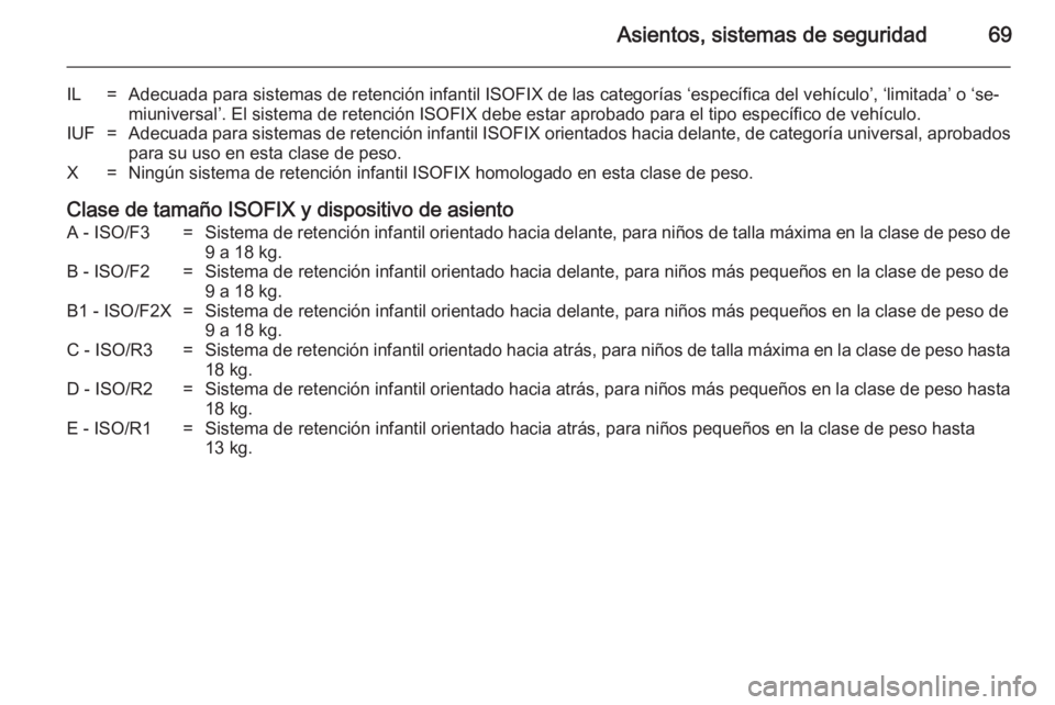 OPEL INSIGNIA 2014 Manual de Instrucciones (in Spanish) Asientos, sistemas de seguridad69
IL=Adecuada para sistemas de retención infantil ISOFIX de las categorías ‘específica del vehículo’, ‘limitada’ o ‘se‐miuniversal’. El sistema de ret OPEL INSIGNIA 2014 Manual de Instrucciones (in Spanish) Asientos, sistemas de seguridad69
IL=Adecuada para sistemas de retención infantil ISOFIX de las categorías ‘específica del vehículo’, ‘limitada’ o ‘se‐miuniversal’. El sistema de ret