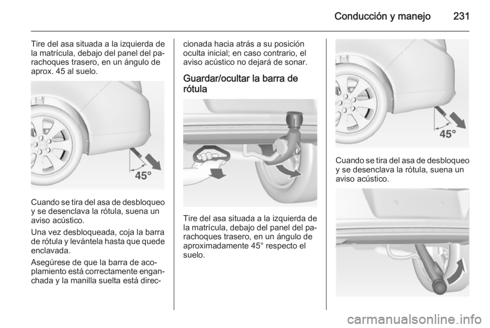 OPEL INSIGNIA 2014.5 Manual de Instrucciones (in Spanish) Conducción y manejo231
Tire del asa situada a la izquierda de
la matrícula, debajo del panel del pa‐ rachoques trasero, en un ángulo de
aprox. 45 al suelo.
Cuando se tira del asa de desbloqueo y OPEL INSIGNIA 2014.5 Manual de Instrucciones (in Spanish) Conducción y manejo231
Tire del asa situada a la izquierda de
la matrícula, debajo del panel del pa‐ rachoques trasero, en un ángulo de
aprox. 45 al suelo.
Cuando se tira del asa de desbloqueo y