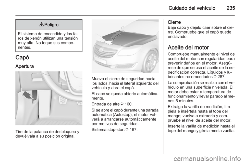 OPEL INSIGNIA 2014.5 Manual de Instrucciones (in Spanish) Cuidado del vehículo2359Peligro
El sistema de encendido y los fa‐
ros de xenón utilizan una tensión
muy alta. No toque sus compo‐
nentes.
Capó
Apertura
Tire de la palanca de desbloqueo y
devu OPEL INSIGNIA 2014.5 Manual de Instrucciones (in Spanish) Cuidado del vehículo2359Peligro
El sistema de encendido y los fa‐
ros de xenón utilizan una tensión
muy alta. No toque sus compo‐
nentes.
Capó
Apertura
Tire de la palanca de desbloqueo y
devu