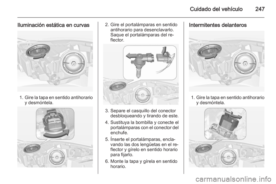 OPEL INSIGNIA 2014.5 Manual de Instrucciones (in Spanish) Cuidado del vehículo247
Iluminación estática en curvas
1.Gire la tapa en sentido antihorario
y desmóntela.
2. Gire el portalámparas en sentido antihorario para desenclavarlo.
Saque el portalámpa OPEL INSIGNIA 2014.5 Manual de Instrucciones (in Spanish) Cuidado del vehículo247
Iluminación estática en curvas
1.Gire la tapa en sentido antihorario
y desmóntela.
2. Gire el portalámparas en sentido antihorario para desenclavarlo.
Saque el portalámpa